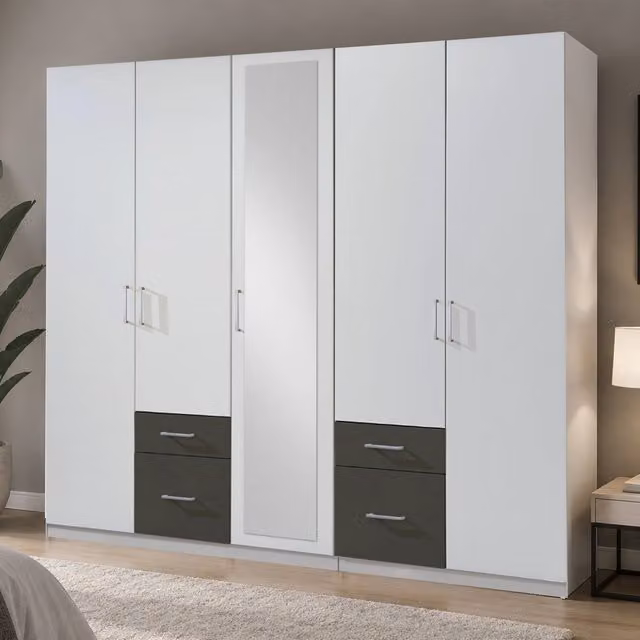 Freiburg White and Grey 5 Door Wardrobe with Mirror, Width: 225 cm