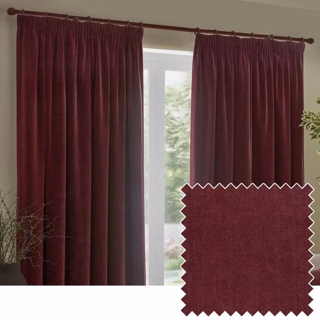 Make It A Home Beetroot Chenille Velvet Pencil Pleat Room Darkening Curtains, Width: 168 cm, Height: 137 cm