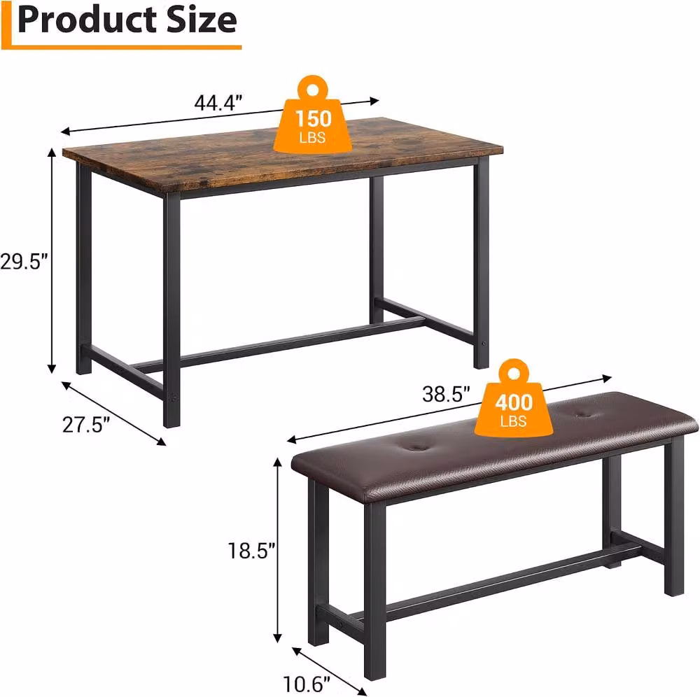 London Boutique 3-Piece Dining Set with Rectangular Table and 2 Upholstered Benches in Brown, W/D/H: 136 x 70 x 75 cm – 2