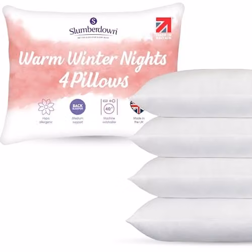 Slumberdown Warm Winter Nights Bed Pillows 4 Pack, White, Medium Support, W: 74 cm, H: 48 cm – 1