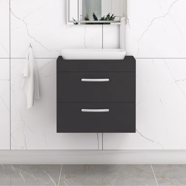 Royal Bathrooms Turin 800mm Wall Hung Vanity Unit with 2 Drawers and Countertop Basin in Matt Black