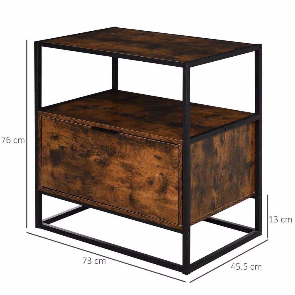 HOMCOM Industrial-Style Side Table with Drawer and Open Shelf, Black and Brown – 3