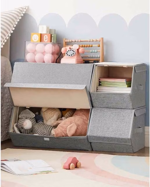 The Bazaarist Pack of 4 Stackable Fabric Storage Bins with Lids and Handles, Grey with Beige Interior
