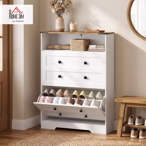 HOMCOM Narrow Shoe Cabinet with Tilting Compartments and Internal Shelves, White/Brown/Black – 2