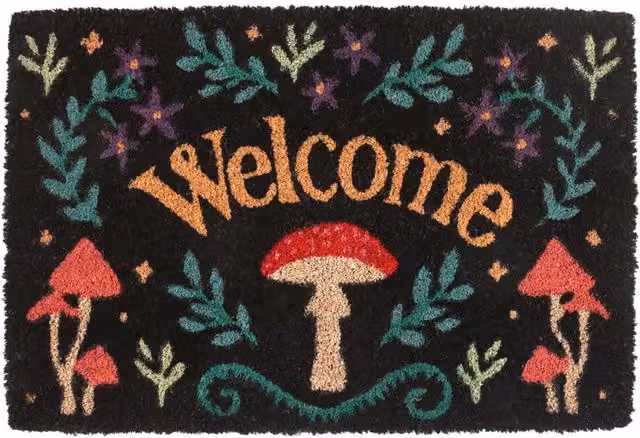 Something Different Welcome Mushroom Rectangular Coir Door Mat - Black and Multicolour, W: 60.0 cm, D: 15.0 cm
