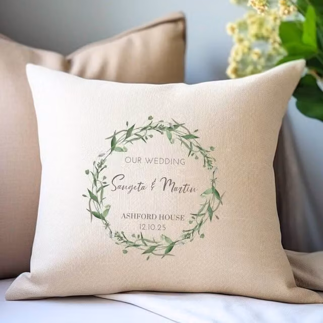 Aye Do Gifts Personalised Green Floral Wedding Cushion in Cream and Beige, W/D/H: 40 x 40 x 40 cm