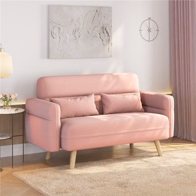 Yaheetech Mid-Century Small Fabric Loveseat Sofa in Pink with Scatter Cushions and Solid Wood Frame, Width: 77.5 cm