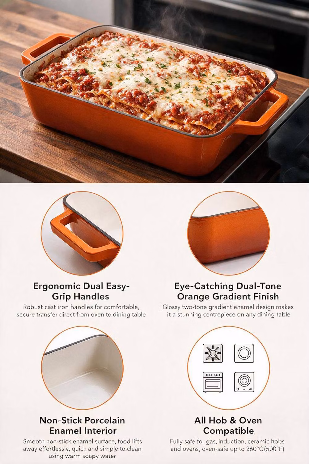 ExtraStar Enamelled Cast Iron Rectangular Casserole Dish with Handles, Orange – 5
