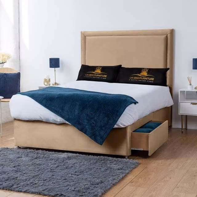 UK Bed Furniture Ascot Divan Bed with 4 Drawers and 26 Inch Headboard, Beige, W/D/H: 180 x 200 x 66.04 cm