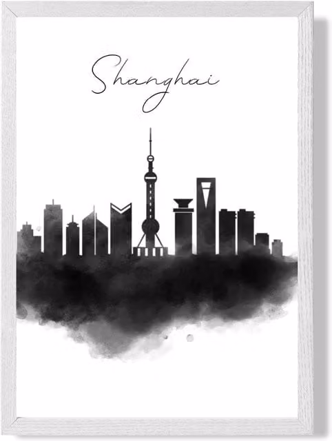 ARTZE Shanghai Watercolour Skyline City Framed Print, Black and White, A3 – 1