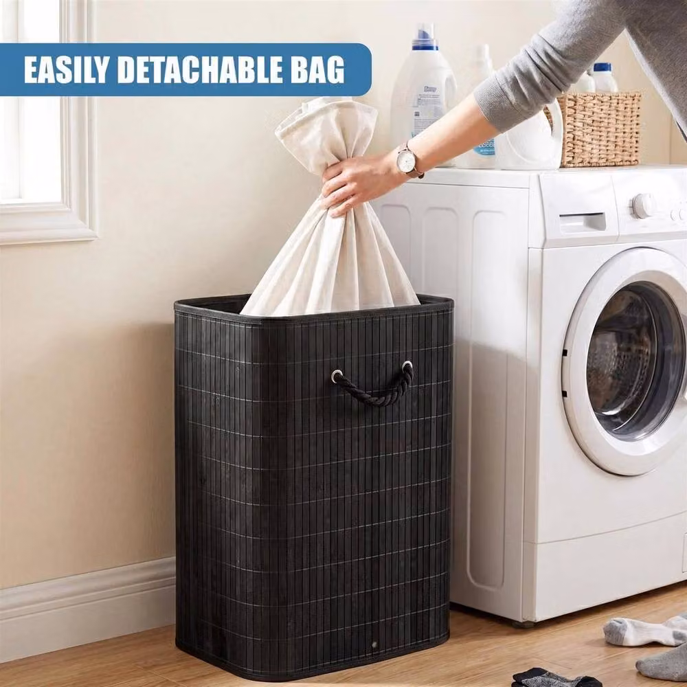 KORVIXA Bamboo Laundry Basket with Lid and Removable Bag in Black and Grey, W/D/H: 100 x 100 x 72 cm – 2