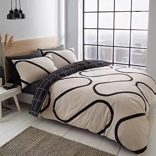 Catherine Lansfield Linear Curve Geometric Reversible Easy Care Duvet Set, Black, Single – 1