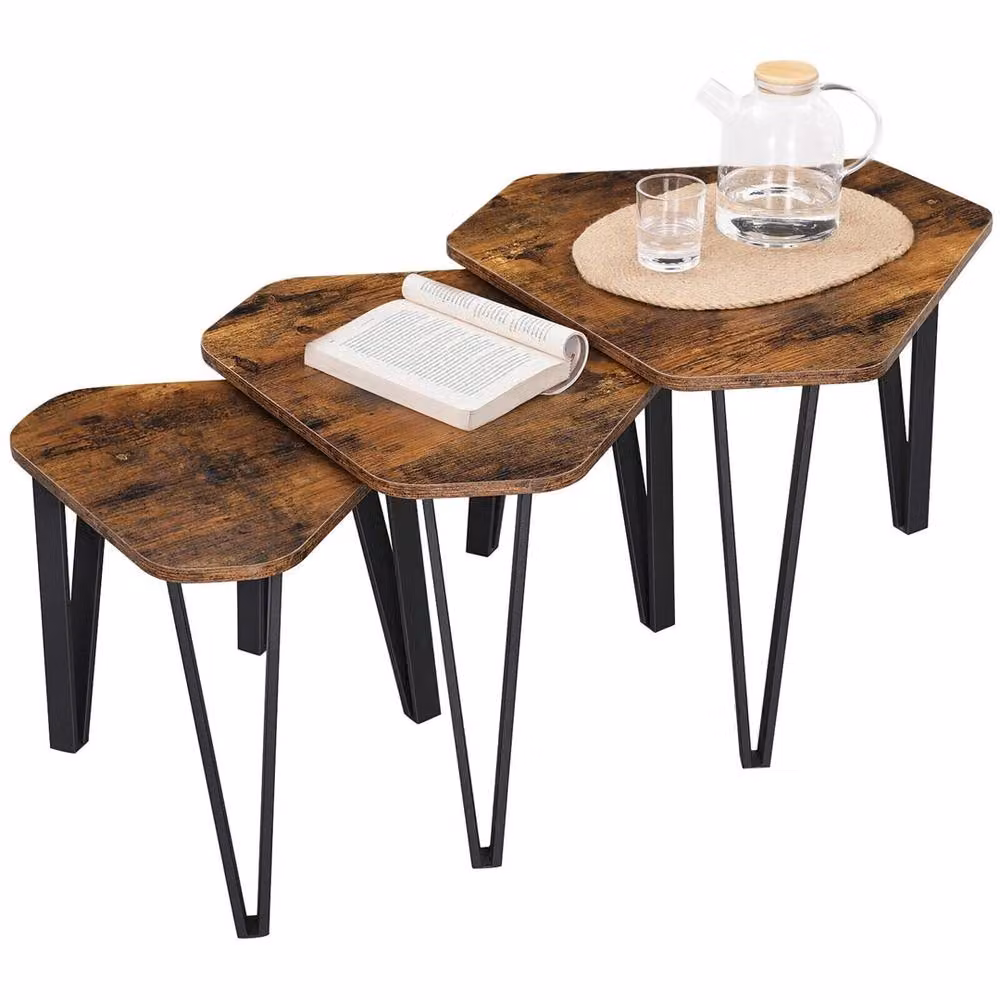 FLAVORA Set of 3 Industrial Rustic Nesting Coffee Tables in Brown and Black – 3