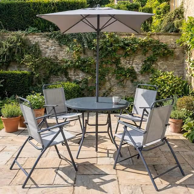 Outdoor Essentials Safina 6 Piece Folding Patio Set in Green and Grey with Glass Top Table