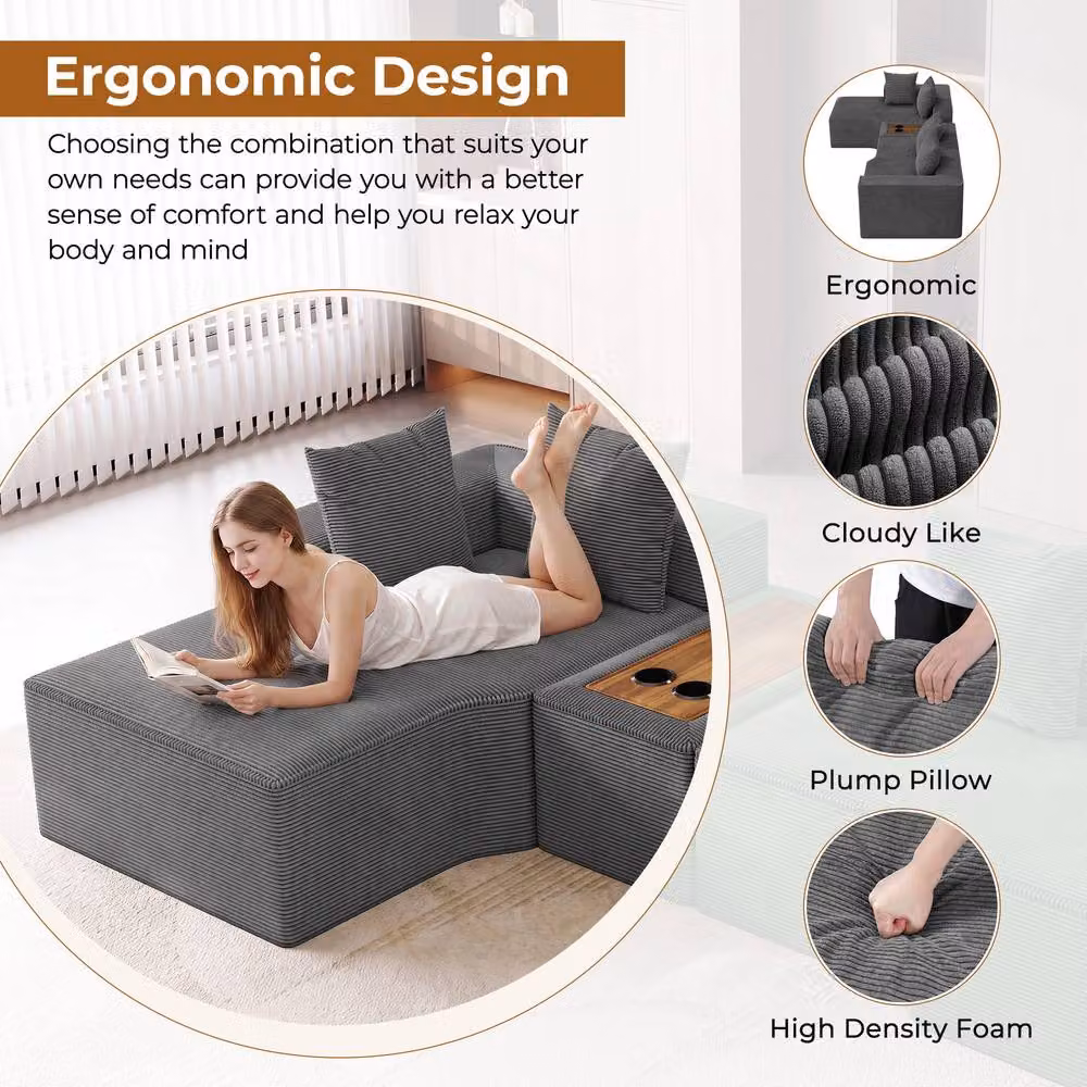 Dprodo Grey Corduroy Left L-Shaped Modular Sofa with Cup Holder Table and Scatter Cushions, 320 cm – 8