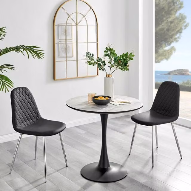 FurnitureboxUK Elina White Marble Effect Round Dining Table and 2 Corona Silver Chairs in Black