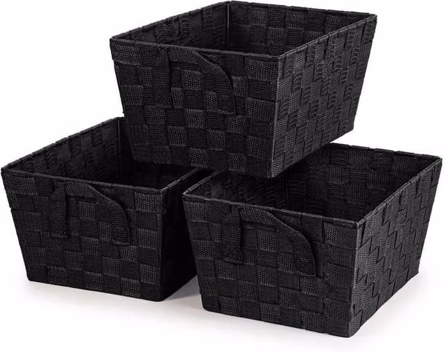 EONLION Set of 3 Black Open Weave Woven Strap Storage Hamper Baskets with Metal Handles