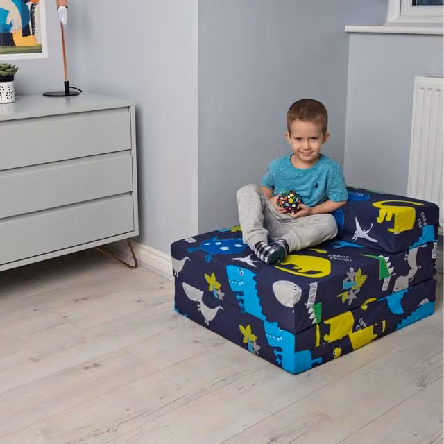 Ready Steady Bed Kids Z Single Folding Mattress Sofa Bed and Futon Chair in Dino Dark Multicolour