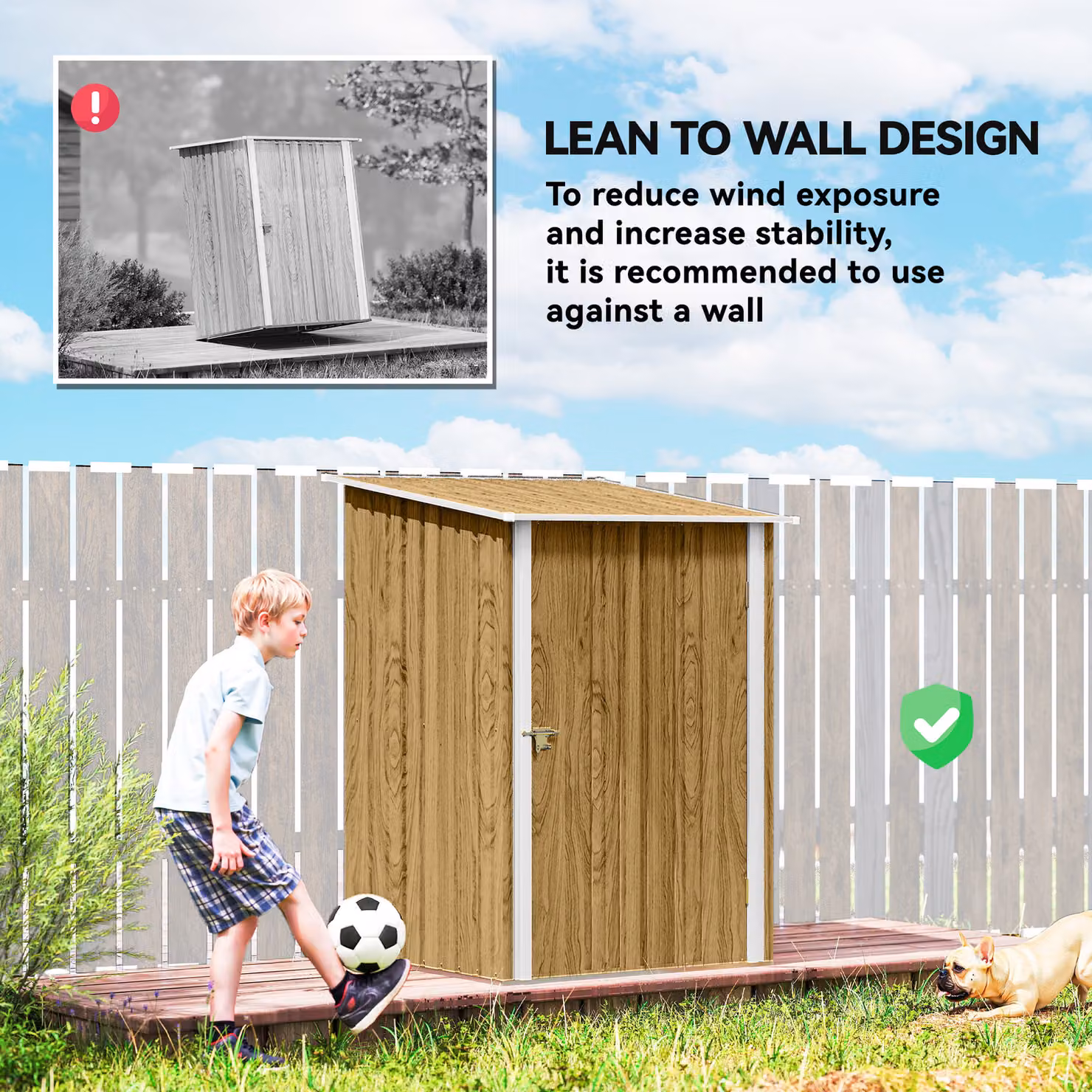 Outsunny Lean-To Steel Garden Shed with Locking Single Door, Light Brown Wood Effect and White – 4