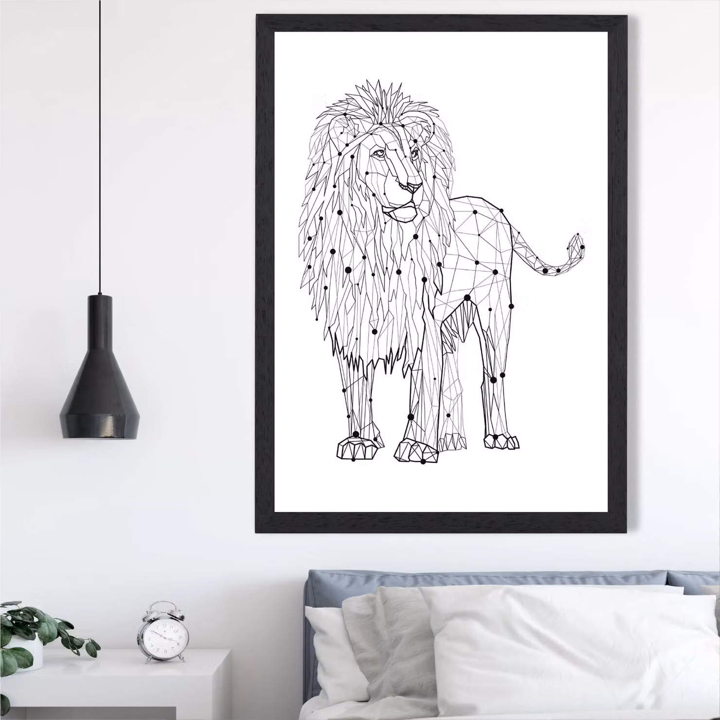 ARTZE Line Art Lion Geometric Animal Framed Print, Black and White, A3 – 2