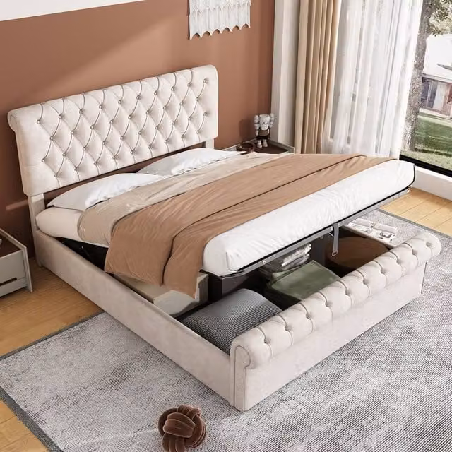 HomeTouch Luxury Beige Velvet King Size Bed Frame with Upholstered Headboard and Lift Up Base W: 160 cm, D: 200 cm, H: 107 cm – 1