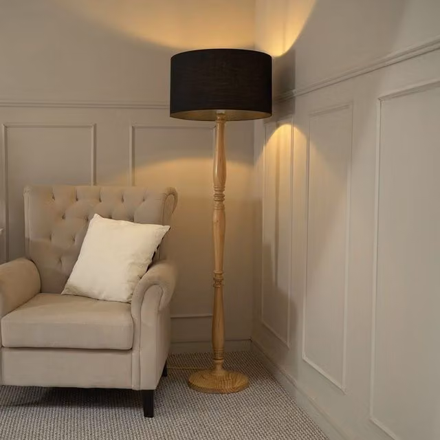 ValueLights Victoria Traditional Floor Lamp with Wood Base, Grey Fabric Drum Shade and LED Bulb in Black