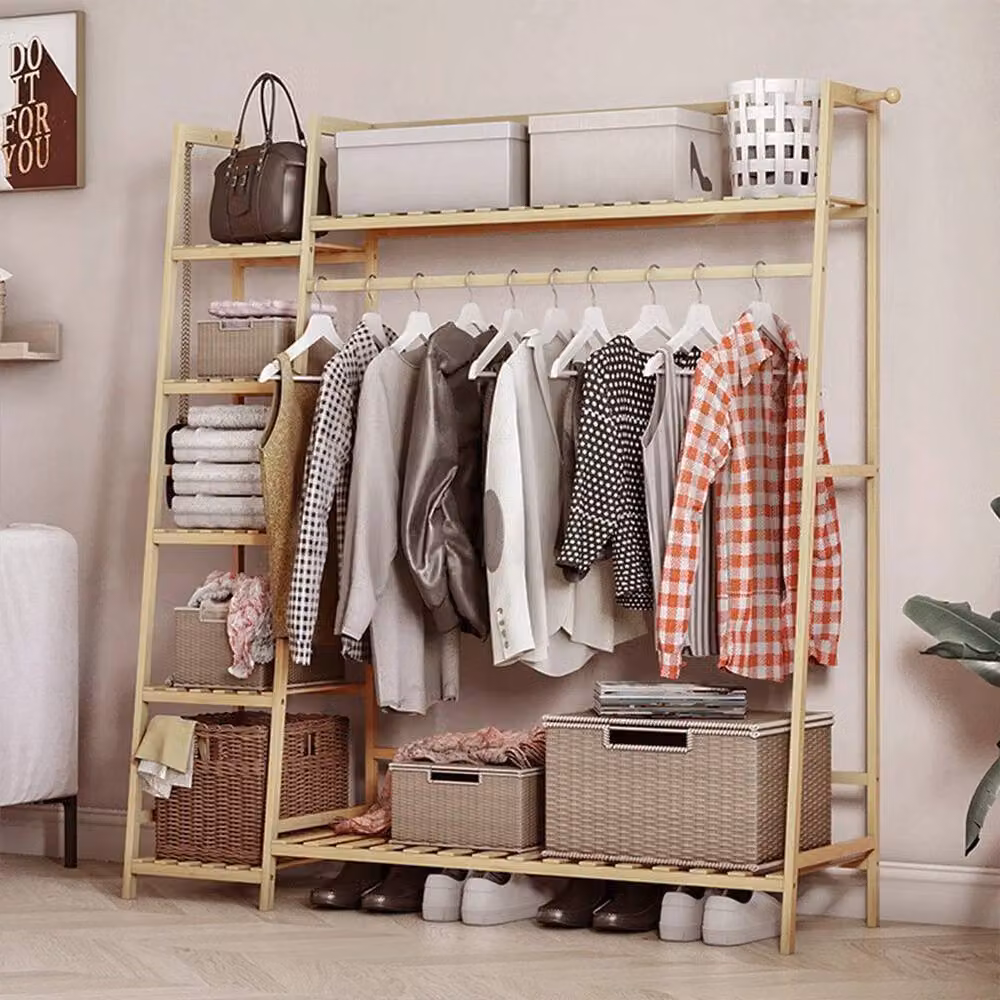 FORGEVIO Large Wooden Clothes Rail Rack Garment Hanging Stand in Brown and Beige, W: 50 cm, H: 140 cm – 3