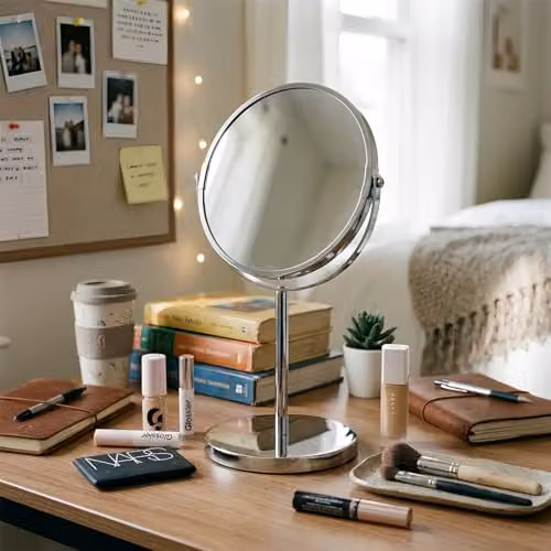 Harbour Housewares Round Silver Metal Pedestal Makeup Mirror, W: 18.5 cm, H: 34.5 cm – 6