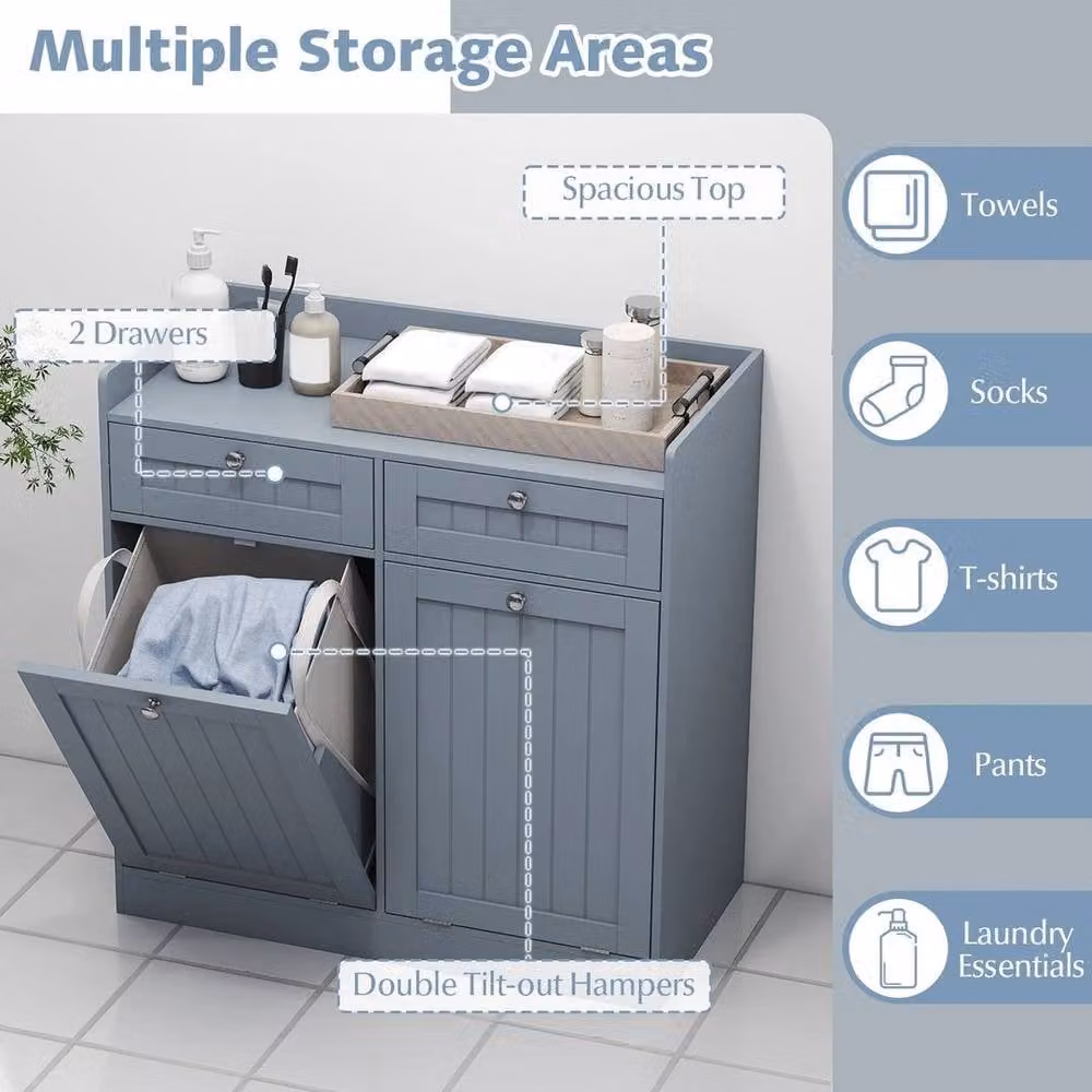 FORGEVIO Double Tilt-Out Laundry Hamper Cabinet in Grey with Internal Shelves and Hinged Doors – 3