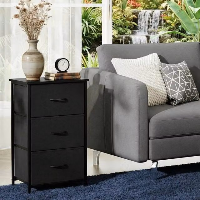 London Boutique Black Fabric Chest of Drawers and Bedside Cabinet with 3 Drawers, W/D/H: 40 x 30 x 75 cm