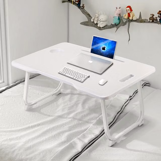 Livingandhome Foldable Laptop Bed Desk with Drawer and Cable Management in White