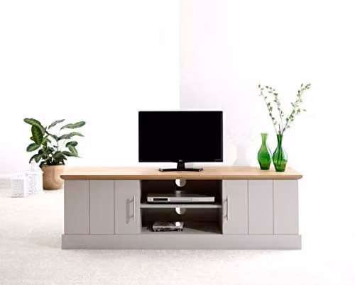 GFW Kendal Large TV Unit with Cupboards and Open Shelving in Blue or Grey with Oak Effect Top, W: 150.0 cm, D: 39.0 cm, H: 48.0 cm – 2