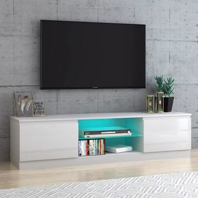 ERGOVEXA Modern High Gloss TV Unit Cabinet with 2 Doors and Integrated RGB LED Lights in White