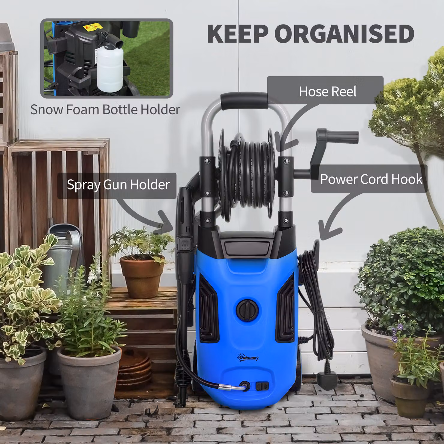 Outsunny 1800W High Pressure Washer in Blue with 150 Bar Pressure, 420 L/h Flow, Adjustable Nozzle, 6M Hose and Steel Handle – 5