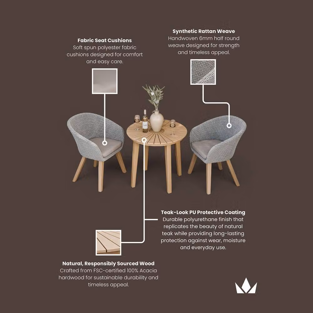 Royalcraft ROMA Bistro Set with Sol Dining Chairs in Natural Acacia Wood and Rattan, Brown and Sand – 3
