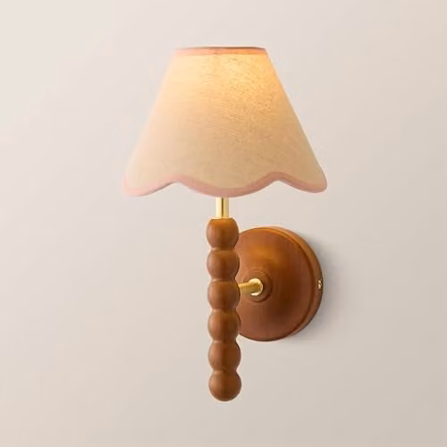 ValueLights Bobbins Walnut Bobble Wall Light with Baby Pink Linen Shade and Bulb – 1