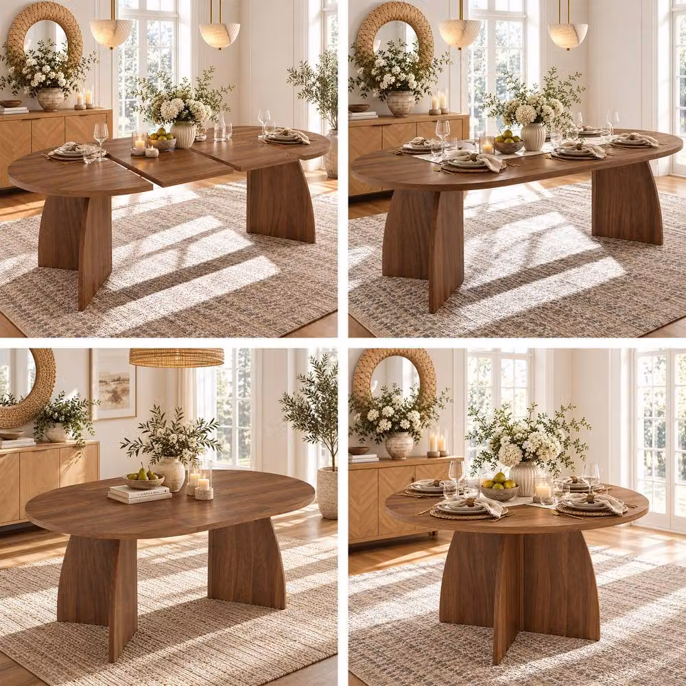 Merax Extendable Round to Oval Dining Table with Pedestal in Walnut Brown – 7