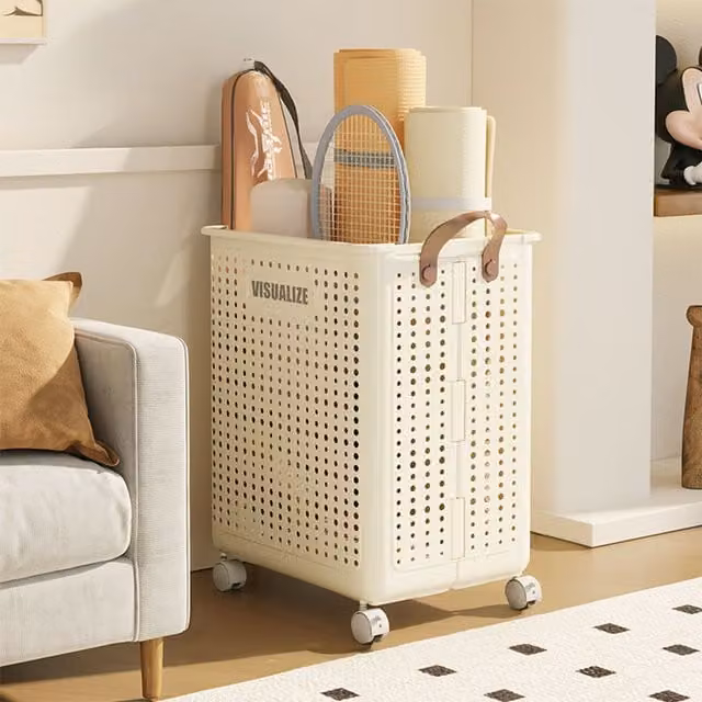 Lifeideas Collapsible Plastic Laundry Basket with Wheels and Handles, Beige and Yellow, Width: 31 cm