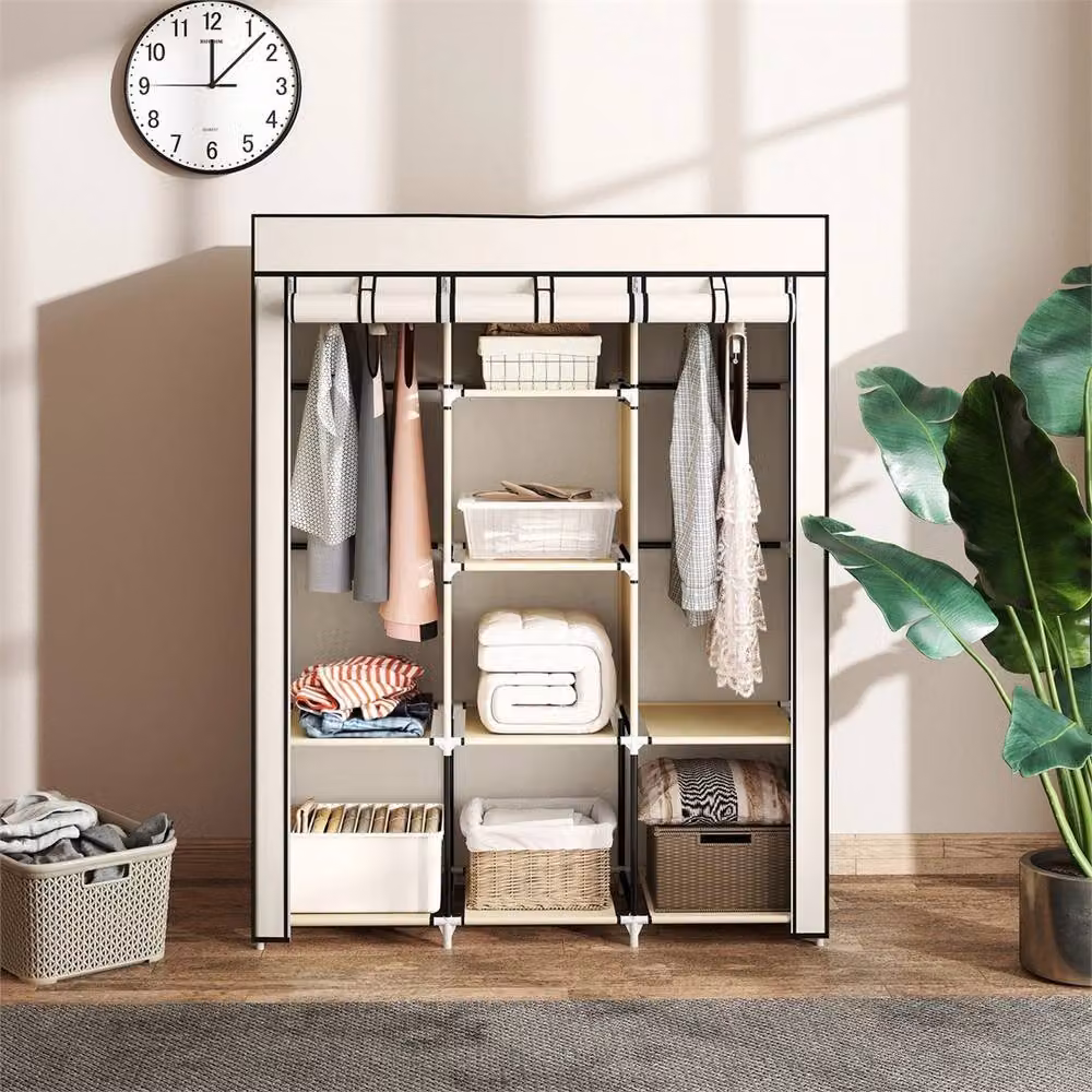HOMCOM Portable Fabric Wardrobe with Roll Shutter, Hanging Rod and Internal Shelves in Beige, H 162.5 x W 125 x D 43 cm – 3