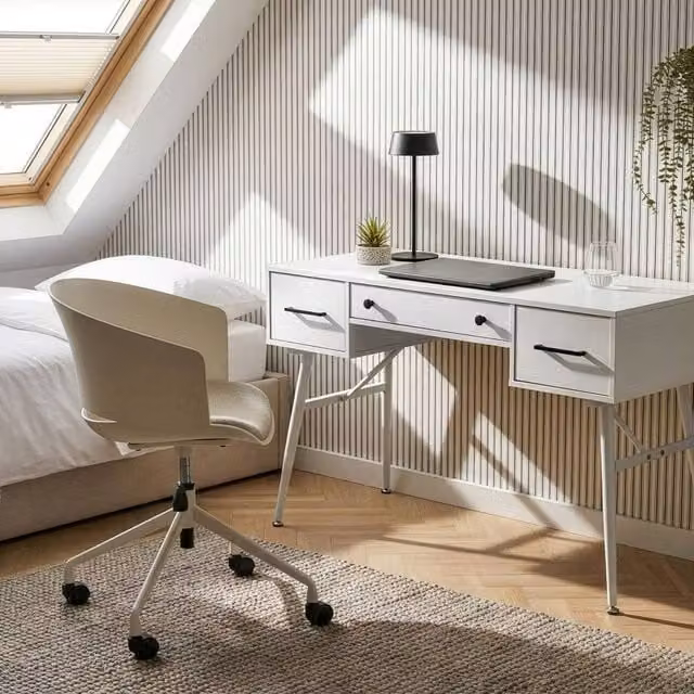 Wyld and Coco Retro White Writing Desk with 3 Drawers and Metal Frame, W: 120 cm, D: 50 cm