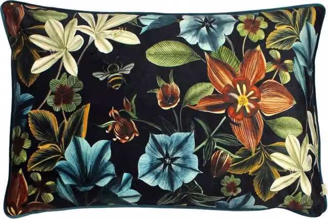 Make it a Home Midnight Garden Floral Square Velvet and Polyester Filled Cushion in Petrol and Multicolour, W: 60 cm x H: 60 cm