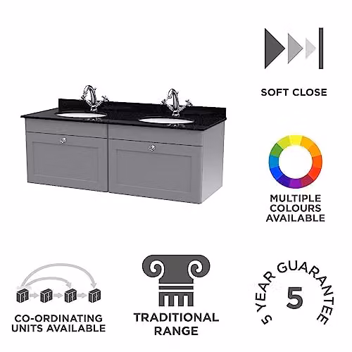 nuie Classique Traditional Wall Hung Double Bathroom Vanity Unit with 2 Drawers, Marble Top and Round Basin, Satin Grey/Black, W: 120 cm – 2