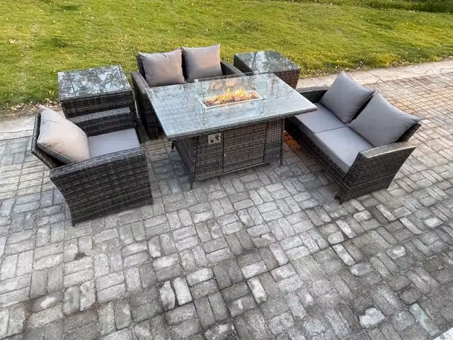 Fimous 5 Seater Rattan Outdoor Garden Furniture Set with Gas Fire Pit Table, Love Sofa, Armchair and 2 Side Tables in Dark Grey