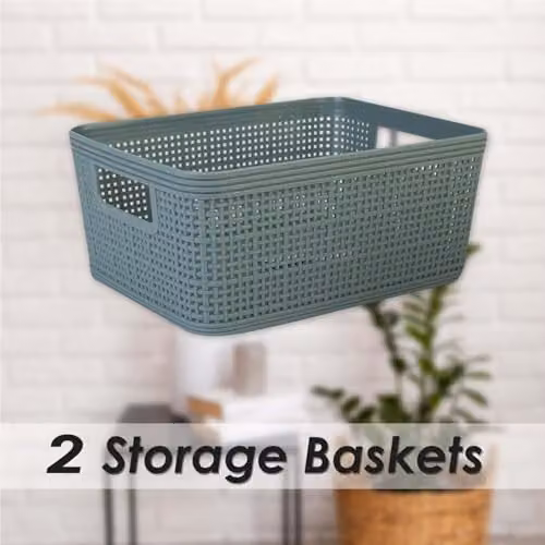 VFM e-Store Basketweave Storage Baskets, 2 Pack, Green, W: 24 cm, H: 11 cm, D: 11 cm – 4