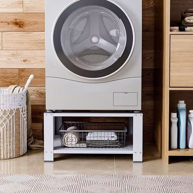 Livingandhome White Metal Washing Machine and Tumble Dryer Raised Pedestal with Storage Shelf