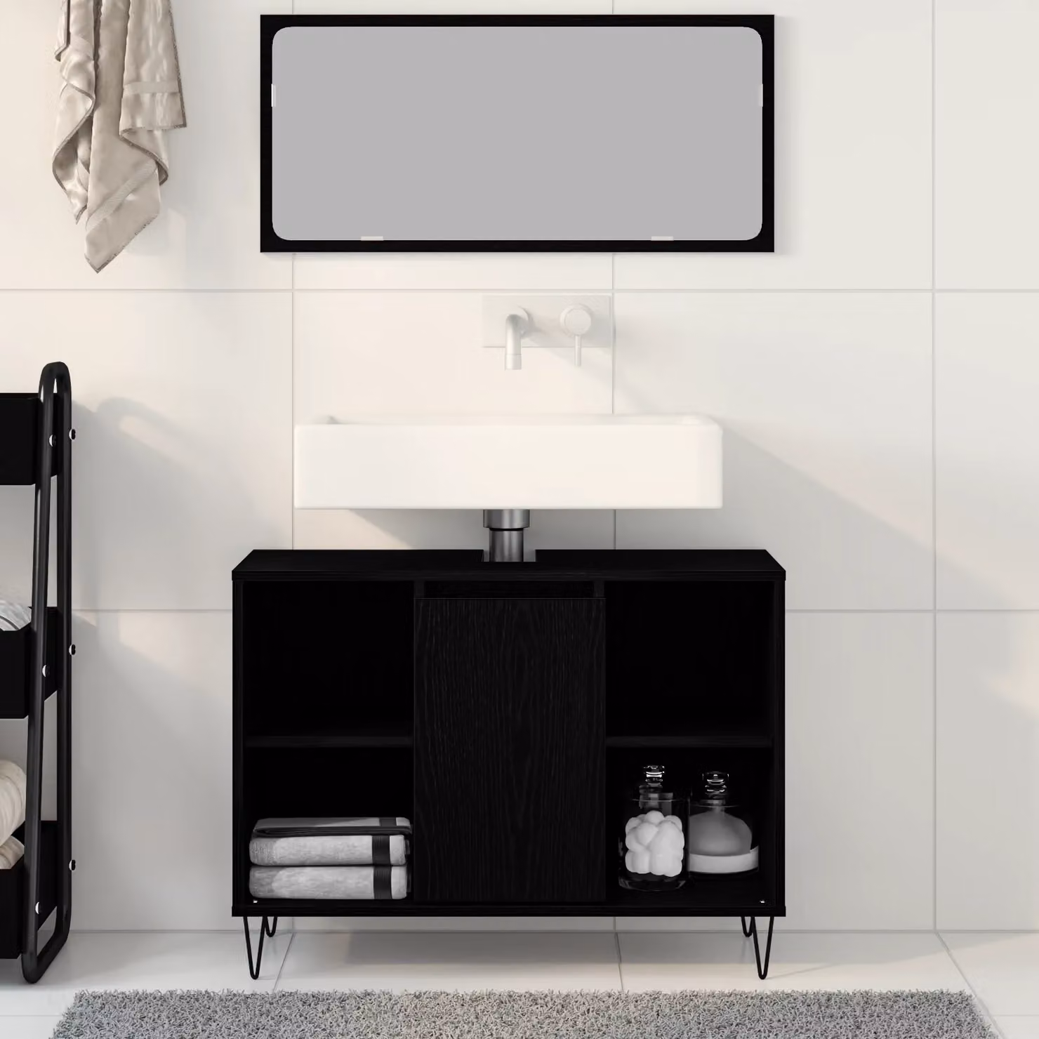 Berkfield Home Black Oak MDF Bathroom Vanity Unit with Sliding Doors and Internal Shelves – 3