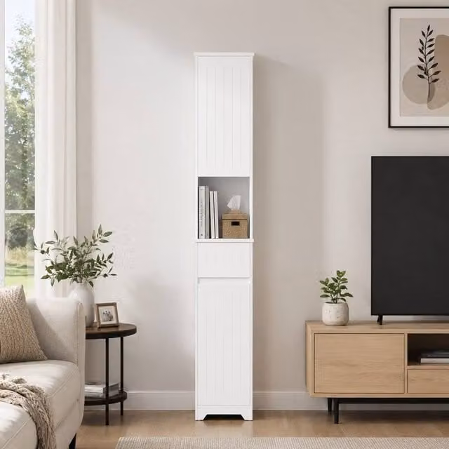 SoBuy Modern White Bathroom Tall Cabinet with Soft-Close Hinged Doors and Internal Shelves and Drawers