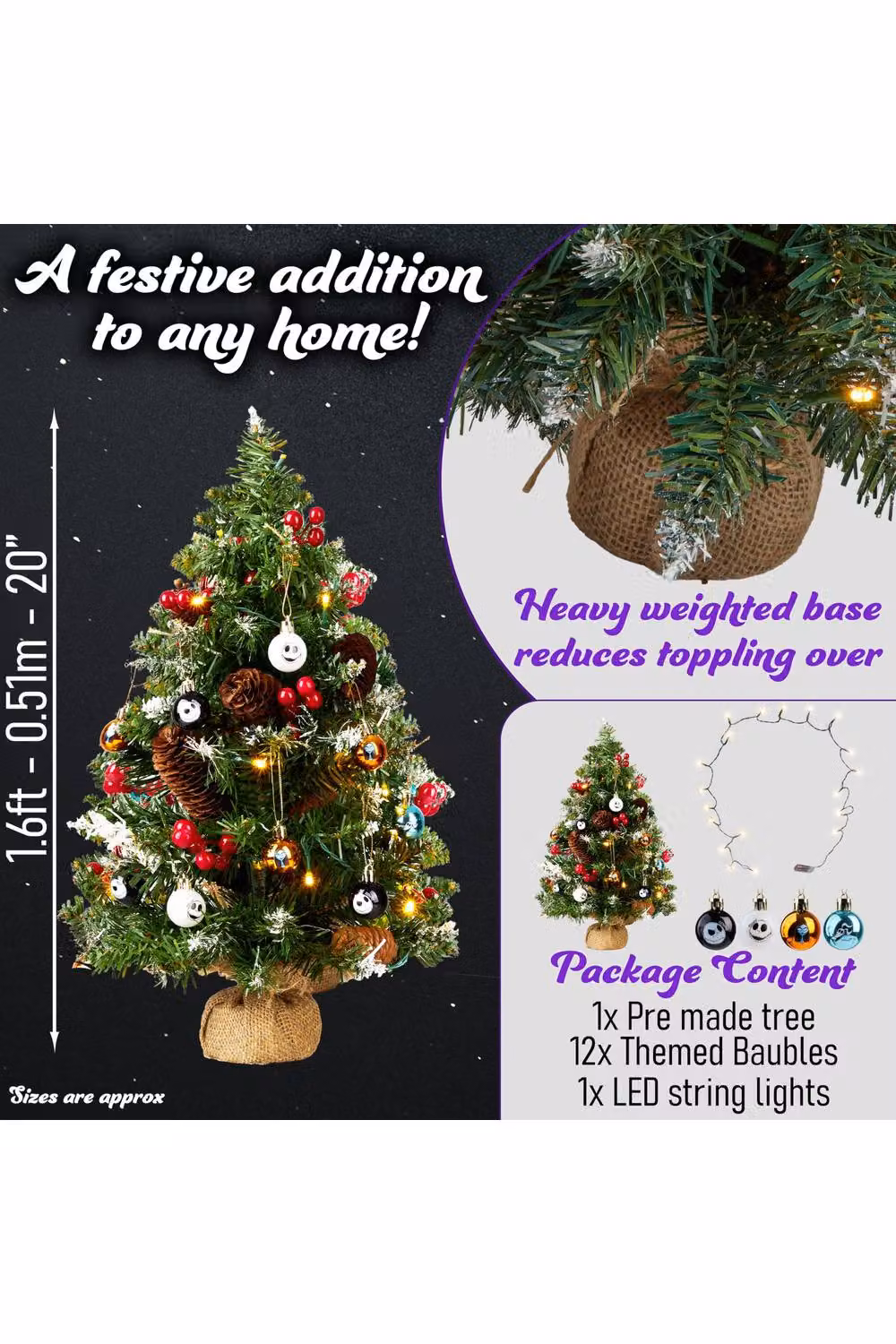 Disney Nightmare Before Christmas Tabletop Christmas Tree with 12 Baubles and LED White String Lights in Multi Colour – 10