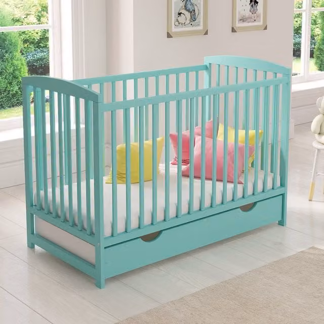 Love For Sleep Modern Solid Wood Baby Cot with Drop Side and Mattress in Green or Turquoise, W/D/H: 120 x 60 cm
