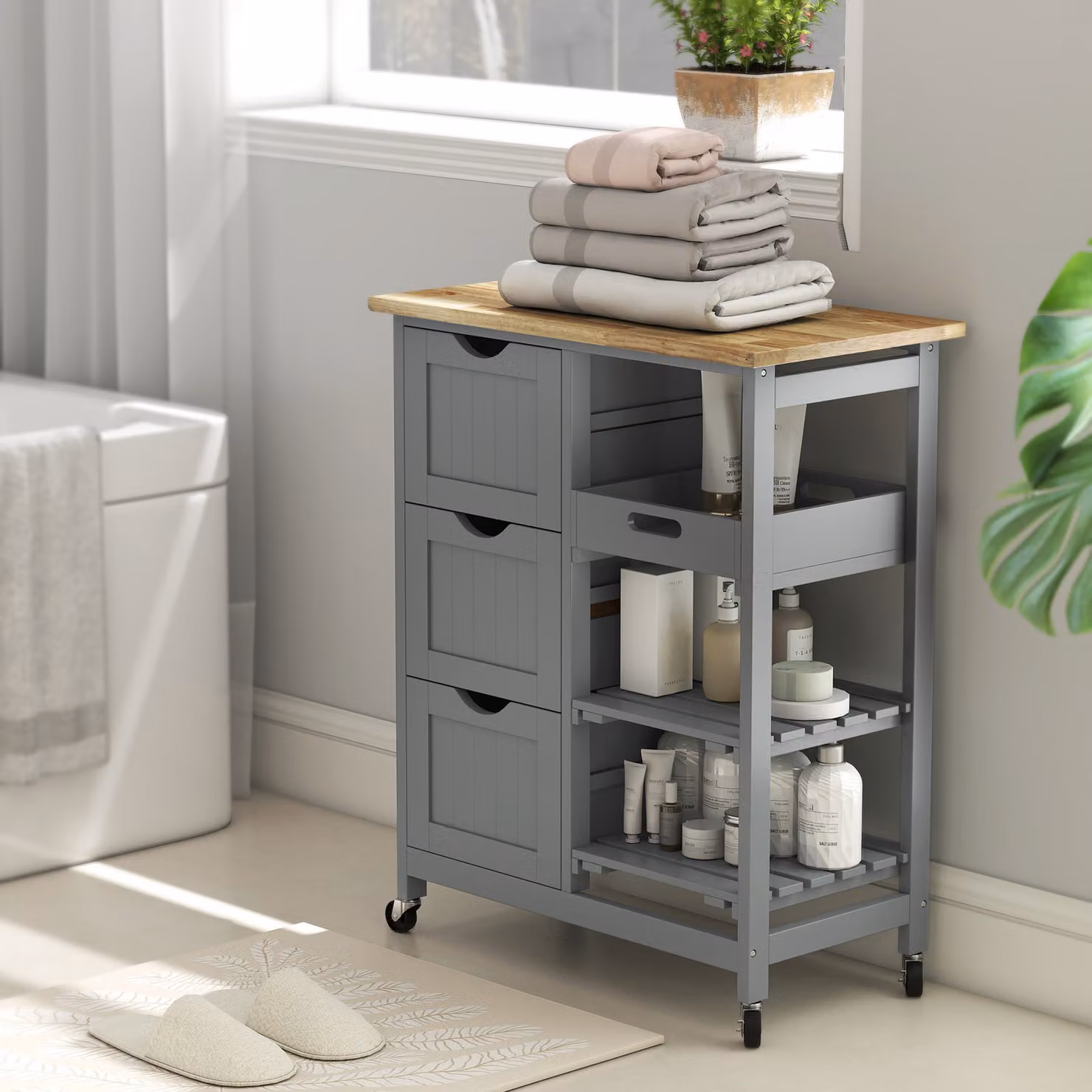 HOMCOM Rolling Kitchen Island Cart and Bar Serving Trolley with Wood Top and Shelves in Grey – 5